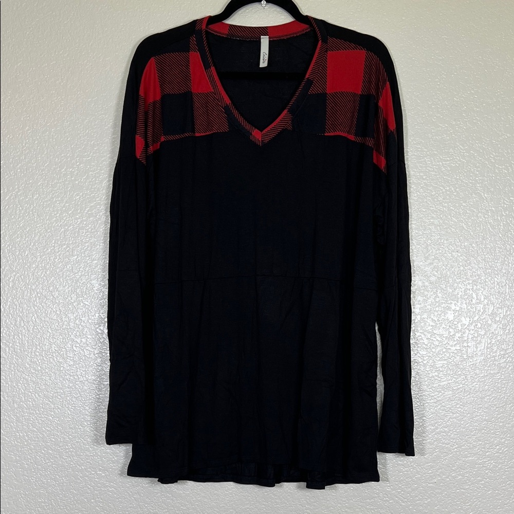 Black long sleeve top with buffalo plaid detailing, size XL